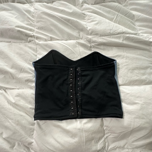 Women’s Denim Bustier Top Small Aztec Print Blue Orange Geometric Jean Crop Top - Picture 4 of 5